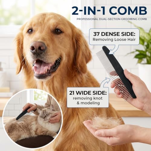 3-in-1 Pet Grooming Kit Rake Metal Comb & Bath Brush Black - Image 3