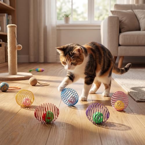 Jecery 5 Pcs Cat Toys Spring,Bell Ball,Multicolor - Image 6