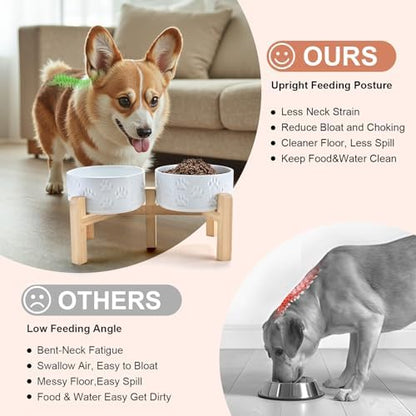 SPUNKYJUNKY Elevated Dog Bowls Ceramic, 6.1'' Dogs and Cat Food Water Bowls Raised with Non-Slip Bamboo Stand for Medium Sized Breed Microwave Dishwasher Safe - 28.7 OZ,Paw White - Image 3