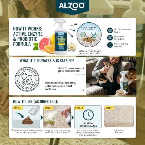 ALZOO Pet Stain & Odor Remover Spray for Dog & Cat Urine, Carpet, Furniture & Floors | Active Enzyme & Probiotic Formula | Citrus Vanilla Scent | Made in USA | 32 oz - Image 5