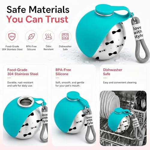 Portable Dog Water Bottle for Walking, 10oz Stainless Steel Pet Water Dispenser with Foldable Silicone Bowl, Leak-Proof Puppy Water Bottle for Small Dogs&Cats,Travel Hiking Outdoor Use(Blue Bow Print) - Image 3