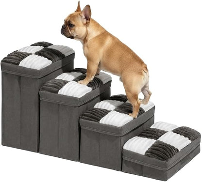 Dog Stairs with Storage, 4-Step Chessboard Plaid Handcrafted Dog Steps for Small Medium Dogs Cats, Folding Sturdy Pet Stairs Climbing Bed or Sofa, Grey