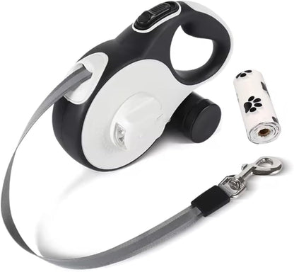Retractable Dog Leash with LED Light for Night Walking – 16ft Tangle-Free Leash with Poop Bag Dispenser, One-Button Lock, Reflective Handle