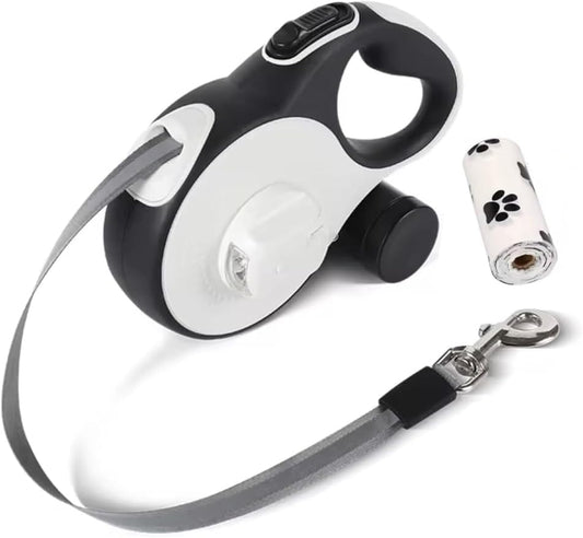 Retractable Dog Leash with LED Light for Night Walking – 16ft Tangle-Free Leash with Poop Bag Dispenser, One-Button Lock, Reflective Handle