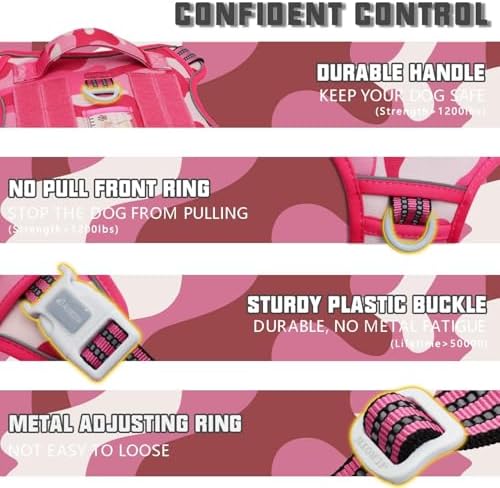 Auroth Tactical Pet Harness for Small Medium Large Dogs No Pull Adjustable, Reflective K9 Working Training Easy Control Vest Military Service Dog, Medium, Pink Camo - Image 3