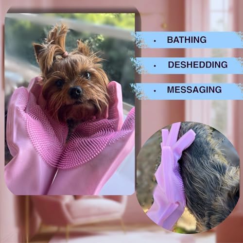Grooming Gloves for Cats & Dogs - Pet Hair Removal Glove, Silicone Brush for Dog or Cat Washing, Puppy Bath Supplies for Shedding Cleaning Bathing & Massage, Fur Remover Mitt, Shower Shampoo Scrub - Image 2