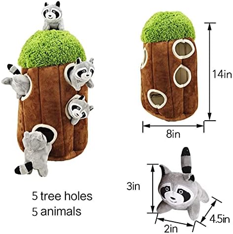 Glow Pups Dog Puzzle Plush Toy Tree with Squeaky Raccoons, Interactive Hide and Seek Fun, Promotes Mental Stimulation, Large Size, Brown/Gray Plush, 5-Pack (Raccoon in Tree, Large)