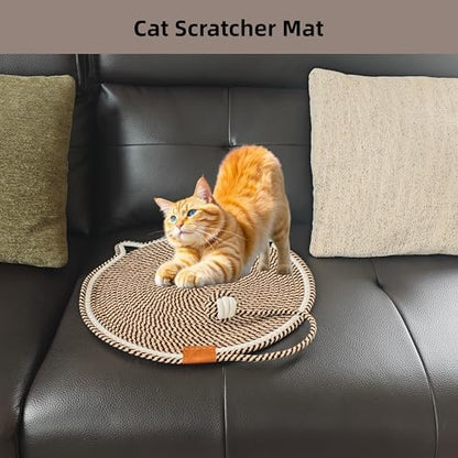 Cat Scratcher Mat 16.9'' Round Natural Cotton Rope Double-Sided, Dark Brown - Image 6