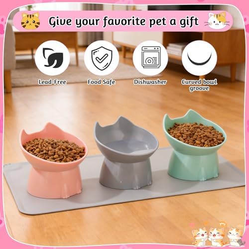 3 Pcs Elevated Cat Bowls 15°Raised Cat Food Bowl with Silicone Mat Pink - Image 3