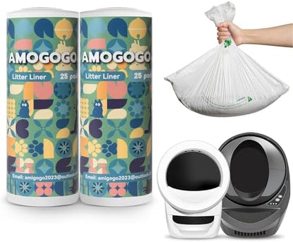 50 Pcs Waste Bags, Compatible with Litter Robot 4/5/3, Heavy Duty Cat Litter Trash Bags, Waterproof, White Replacement Litter Bags, 26.4" x 21.9" by AMOGOGOPET