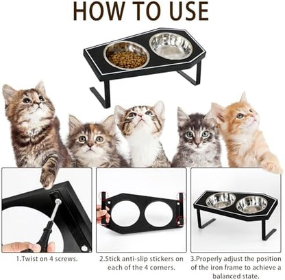 Cat Food Bowls Elevated, Gothic Cat Bowls, Raised Cat Bowls for Indoor Cats with Non-Slip Stand & Wood Board, Stainless Steel and Whisker Friendly Food Bowls - Image 3