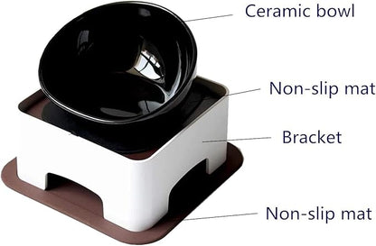 Ceramic Bulldog Bowl Dog Feeding Bowl - Dog Dish Wide Mouth Pet Sterile Tilted Pet Feeder with Anti-Skid Rubber Mat for Small Medium Dogs (Black)