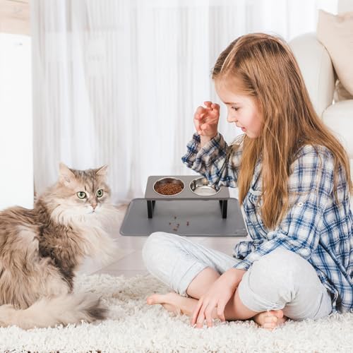 Summark Upgraded Elevated Cat Bowls with Food Mat,15°Tilted Stand Anti Vomiting Raised Cat Dishes for Food and Water,2 Stainless Steel Bowls for Cats and Puppy（Gray） - Image 7