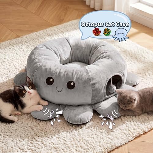 Cat Tunnel Bed for Indoor Cats, Peekaboo Cat Cave Bed, Grey - Image 6