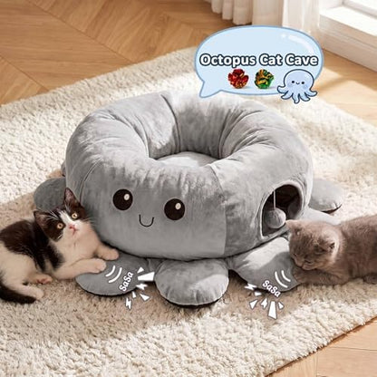 Cat Tunnel Bed for Indoor Cats, Peekaboo Cat Cave Bed, Grey - Image 6