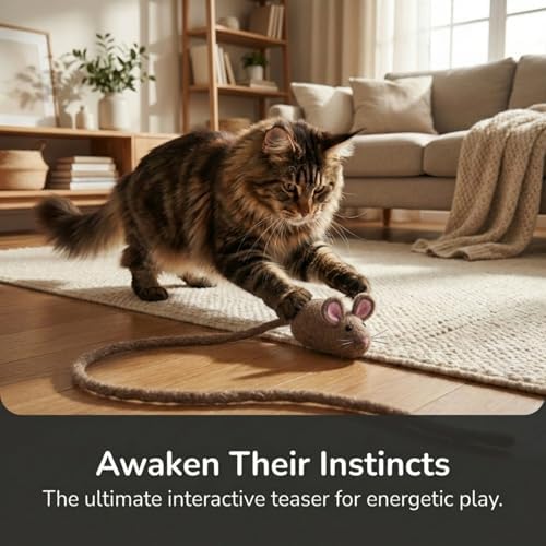 Glaciart One XXL Felt Mouse Cat Toy – 6” Body + 98” Tail – Large Cat Enrichment Toy – 100% Natural Wool with Catnip – Interactive Teaser for Big Cats – Safe Non-AZO Dyes - Image 4