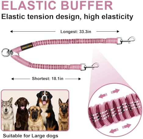 MingXpet 2 Dog Leash, Dog Leash for 2 Dogs, 360° Swivel No Tangle Double Walking Training Leashes for Large Dogs that Pull, Comfortable Shock Absorbing Reflective Bungee, Pink - Image 2