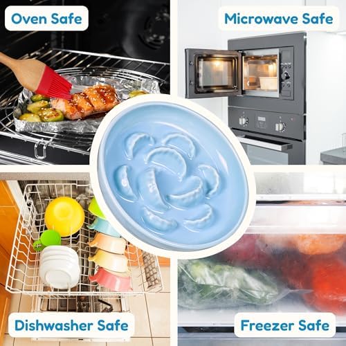Ceramic Cat Slow Feeder Bowl - 6.2'' Whisker Friendly Cat Plate for Dry and Wet Food - Heavy Puzzle Feeding Bowl for Slow Eating - Helps Reduce Vomiting - Microwave & Dishwasher Safe -Non Slip - Blue - Image 3