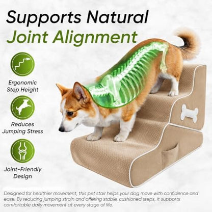 Dog Stairs for Bed & Couch – 2-in-1 Foldable Dog Stairs and Ramp (Beige) - Image 2