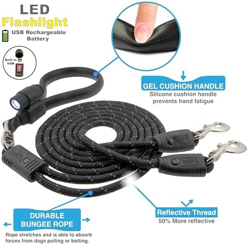 Wigzi - 2025 Edition -Dual Doggie Flex Walk with LED Two Dog Leash. 360 Degree no Tangle, Thick Durable Reflective Ropes, Silicone Extra Soft Comfort Handle, 6ft, Color Black, 5lbs-175 lbs Dogs OK - Image 2
