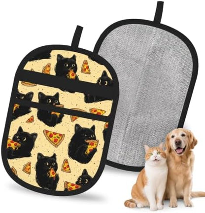 Black Cat Eating Pizza Food Yellow Pet Hair Removal Glove For Cats Dogs by FREEHOTU