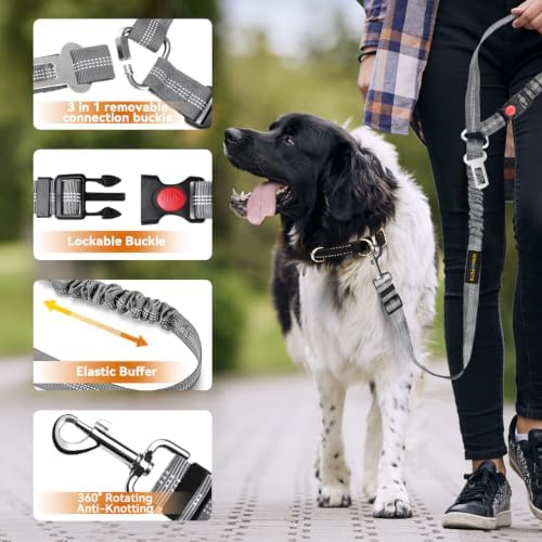Dog Seat Belt, Durability Retractable Dog Car Harness Adjustable Dog Seat Belt for Vehicle Nylon Pet Safety Seat Belts Heavy Duty & Elastic, Black&Grey - Image 5