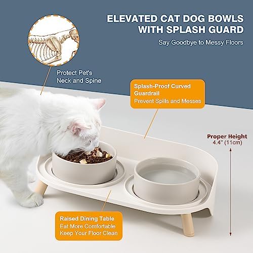 Raised Cat Food and Water Bowl Set - Elevated Ceramic Dishes with Non-Slip Stand and Splash Guard for Small Dogs - 2 x 320 ML (4.9 OZ) - Grey - Image 3