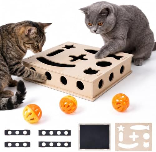 Interactive Cat Toy Box for Indoor Cats: Wooden Puzzle with Bell Balls by Unknown