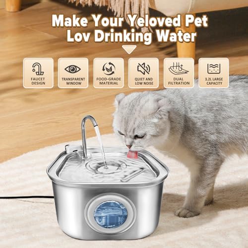 Cat Water Fountain.Stainless Steel Pet Water Dispenser Bowl: 108oz/3.2L.Quiet Pet Water Bowl Dispenser.with Ultra Quiet Pump and Faucet Water Level Window（with 4 Filters and Sponge） - Image 2