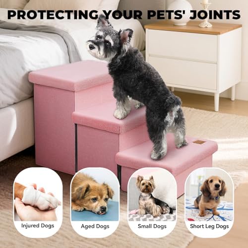Zerbuger Dog Stairs with Storage, Pink Furry Lids 3 Steps Dog Ramp no Condo - Image 3
