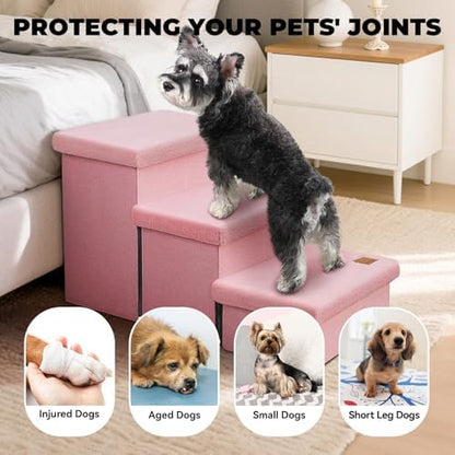 Zerbuger Dog Stairs with Storage, Pink Furry Lids 3 Steps Dog Ramp no Condo - Image 3