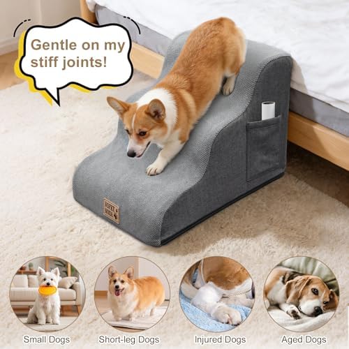 4-Step Dog Stairs for Small Dogs & Cats, 13.8" H Non-Slip Pet Steps with Side Storage Pocket, Sturdy High Density Foam Dog Ramp for Sofa, Couch & Chair, Washable Cover, Grey - Image 6