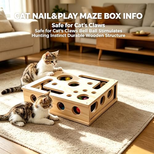 Huntmic Wooden Cat Toys Scratch Puzzle Enrichment Box, Interactive Cat Toy with Sandpaper Inside and Bell Ball, Cat Claw Saver Interactive Toy Stress-Free Alternative to Clippers & Grinders - Image 6