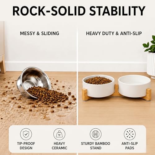 SPUNKYJUNKY Ceramic Dog and Cat Bowl with Wood Stand Non-Slip Matte Glaze Weighted Food Water Set for Cats &Small Dogs 13.5 OZ - Image 3