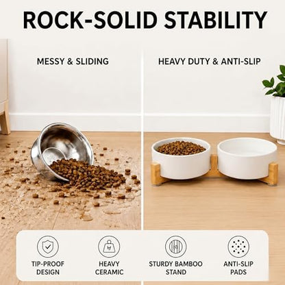 SPUNKYJUNKY Ceramic Dog and Cat Bowl with Wood Stand Non-Slip Matte Glaze Weighted Food Water Set for Cats &Small Dogs 13.5 OZ - Image 3