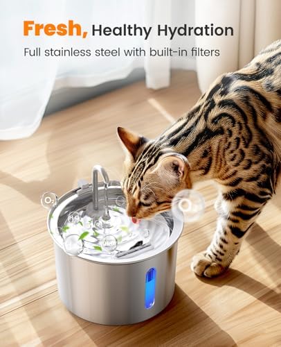 oneisall Stainless Steel Cat Water Fountain, 2L Water Fountains for Cats Indoor with Quiet Pump and 3 Replacement Filters, Pet Water Fountain Faucet Spout Design Cat Fountain Drinking Inside, PWF 001 - Image 2