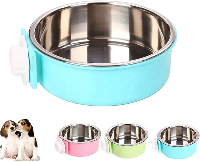 Love Dream Crate Dog Cat Bowls, Removable Stainless Steel Hanging Pet Cage Bowls for Kennel, Water Food Feeder Cage Coop Cup for Cats, Dogs, Rabbits and Small Animals (Small, Blue)
