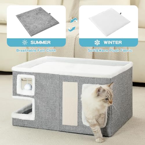 Large Cat Houses for Indoor Cats, Extra Wide Cat Cave Bed with Scratch Pad and Fluffy Ball, Foldable Cat Hideaway Condo for Large Cats, Modern Kitten Bed,23x16x13 inches (Grey, X-Large) - Image 3