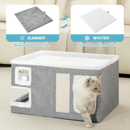 Large Cat Houses for Indoor Cats, Extra Wide Cat Cave Bed with Scratch Pad and Fluffy Ball, Foldable Cat Hideaway Condo for Large Cats, Modern Kitten Bed,23x16x13 inches (Grey, X-Large) - Image 3