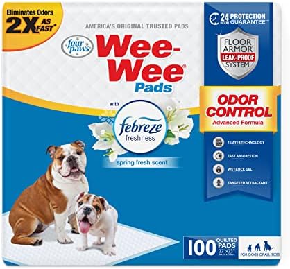 Four Paws Wee-Wee Odor Control with Febreze Freshness Pee Pads for Dogs & Puppies, Leak-Proof Dog Housebreaking Potty Training Floor Protection, Spring Fresh Scent, 22" x 23", 100 Count by FourPaws