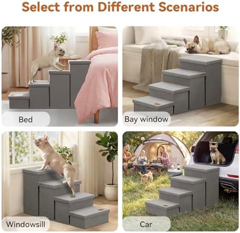 Zerbuger Dog Stairs with Storage, Grey 4 Steps Dog Ramp no Condo for Bed - Image 2