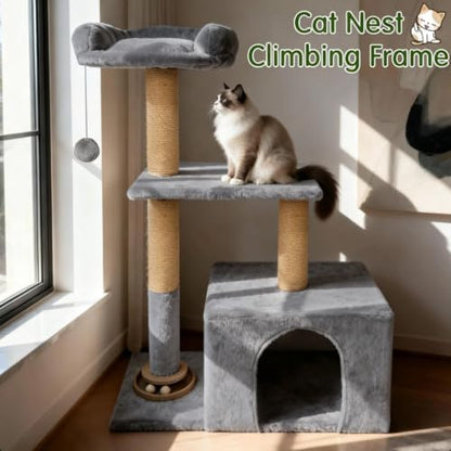 Small Cat Tree for Indoor Cats, Activity Cat Tower with Scratching Post for Kittens, Modern Cat Furniture with Basket & Hanging Ball for Play Rest, Grey - Image 6