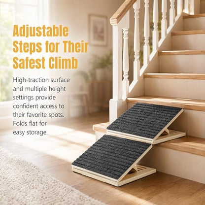 2PCS Adjustable Wooden Dog Ramp for Small Medium Dogs, Non-Slip Foldable Pet Ramp for Bed Couch Stairs, Ideal for Senior Dogs & Joint Pain, Portable Height Adjustable Dog Stairs for Indoor Use - Image 2