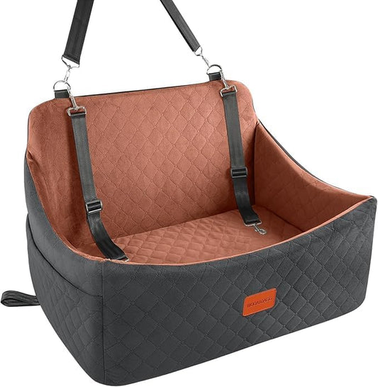 Wooaidagg Dog Car Seat for Medium & Large Dogs Up to 55lbs, Memory Foam Cushion, Washable Cover, Safety Straps & Non-Slip Bottom(Black/Brown,Large)