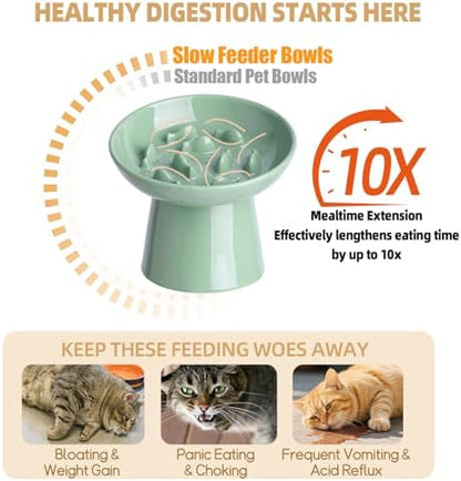 Ceramic Elevated Slow Feeder Cat Bowl - 6" Raised Cat Food Bowl for Bloat Relief & Anti-Vomiting, Whisker Friendly Ceramic Cat Slow Feeder for Indoor Cats, Kittens, Puppies - Green(1pc) - Image 3