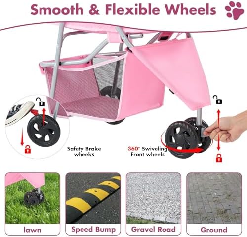 3 Wheels Pet Stroller,Storage Basket and Cup Holder, Breathable Mesh, Waterproof and Foldable for Small/Medium Dogs and Cats Strollers, Lightweight Travel Carrier for Daily Walks & Outdoor，Pink - Image 3