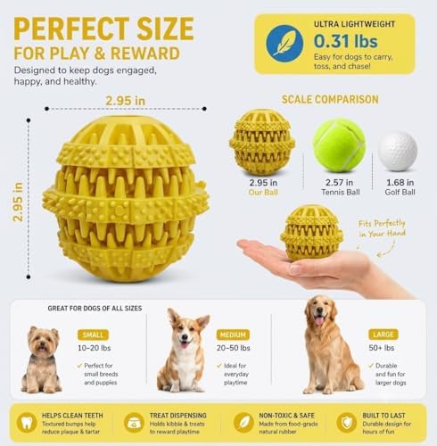 Rubber Dog Chew Toy Ball, Blue and Yellow, Bite-Resistant, Interactive Teeth Cleaning, Hidden Food Treat Dispenser for Dogs (Yellow) - Image 4