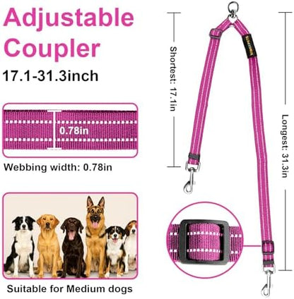 MingXpet Double Dog Leash for Two Dogs, No Pull Dog Leash, 360° Swivel No Tangle for Medium Dogs Walking & Training, Shock Absorbing Reflective Bungee, Rose - Image 2