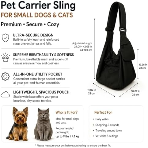 Dog Sling Carrier for Small Dogs and Cats up to 9 lbs, Adjustable Dog Carrier Sling for Puppies, Hands-Free Pet Sling, Breathable Cat Sling Carrier, Machine Washable (Black) - Image 2