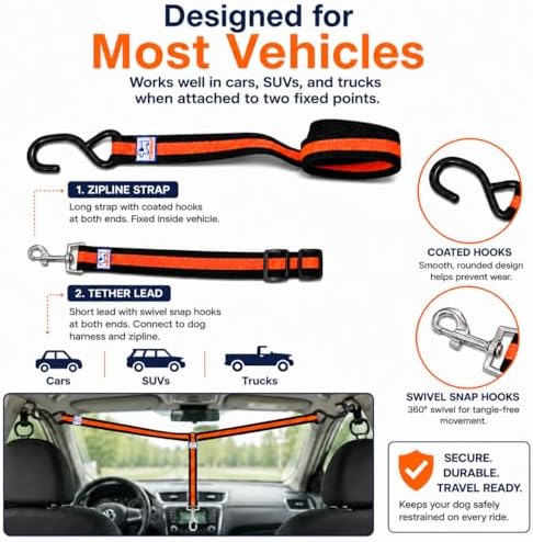 Dog Car Harness & Zipline System - Adjustable Pet Seat Belt for Safe Rides, Reduces Driver Distraction. Durable, Escape-Proof Car Leash for Dogs, Tool-Free Install for Backseat. - Image 2